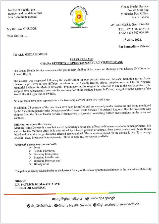 Two suspected cases of Marburg Virus disease recorded in Ashanti Region - GHS Two suspected cases of Marburg Virus disease recorded in Ashanti Region - GHS