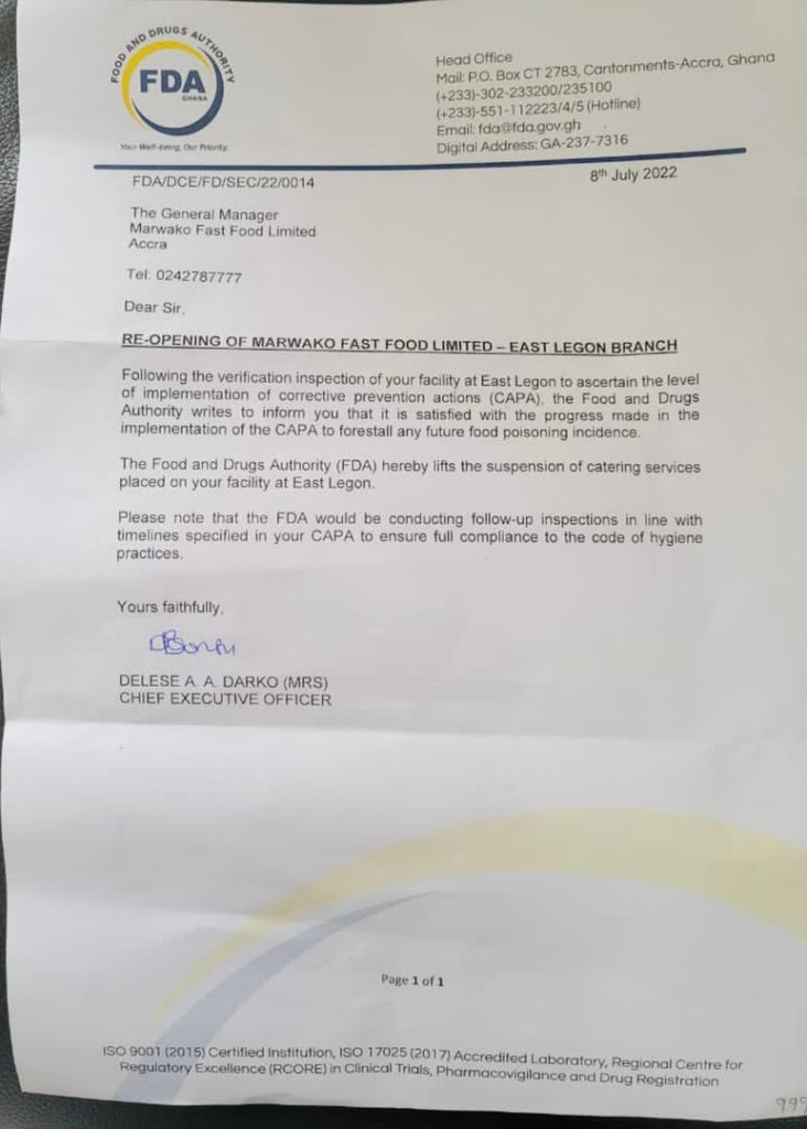 Marwako Fast Food to be reopened after shutdown over food poisoning Marwako Fast Food to be reopened after shutdown over food poisoning