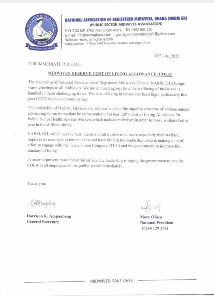 National Association of Registered Midwives also demands COLA