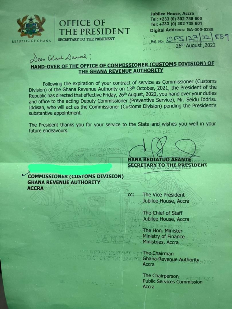 Col Damoah removed from office; 'hand over your duties and office' - Presidency orders Col Damoah removed from office; 'hand over your duties and office' - Presidency orders
