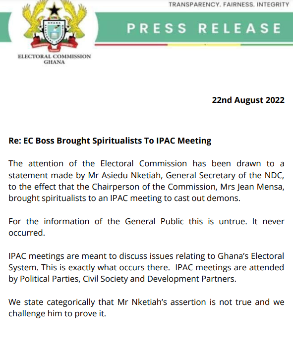 Asiedu Nketiah’s claim that spiritualists were brought to IPAC meeting is untrue - EC 