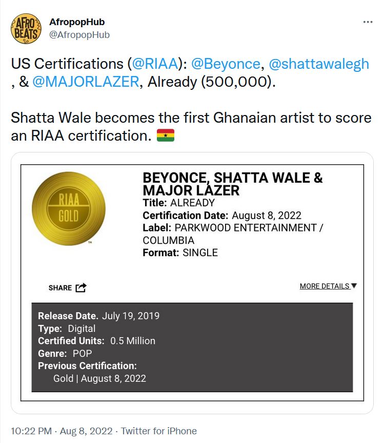 Fact check: Is Shatta Wale the 1st Ghanaian with RIAA certification?