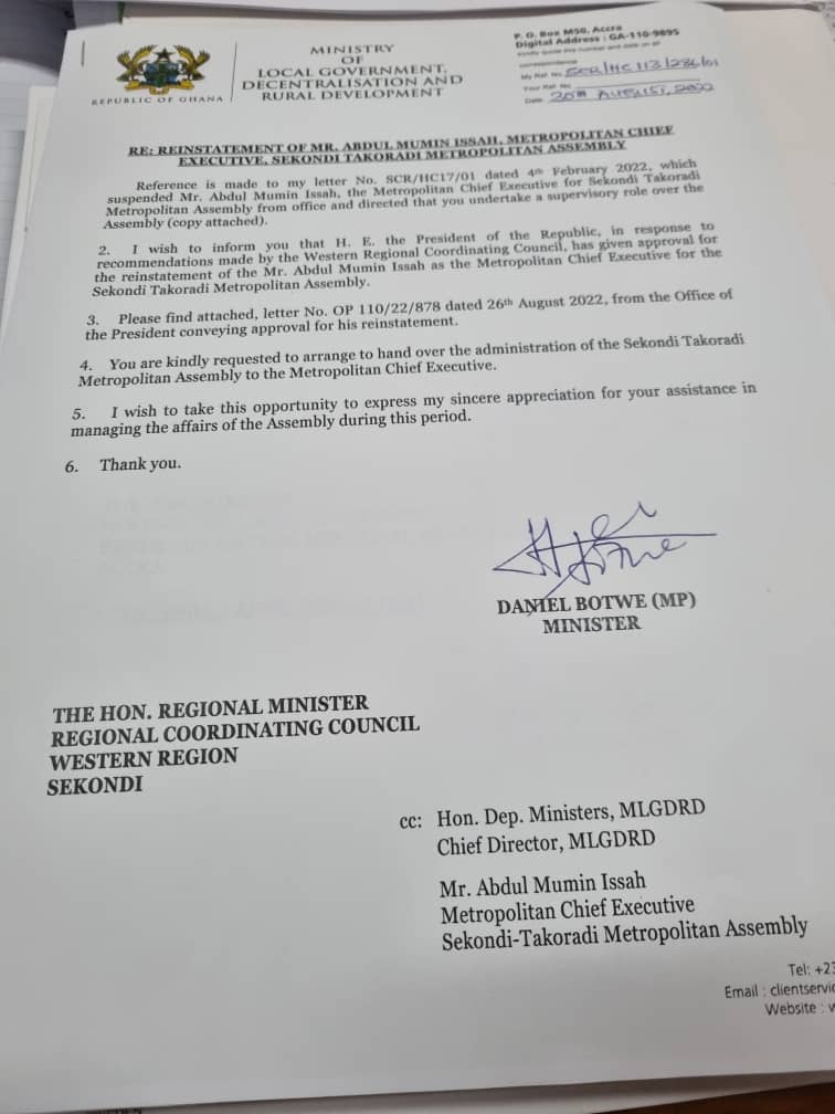 Akufo-Addo reinstates suspended Sekondi-Takoradi MCE 