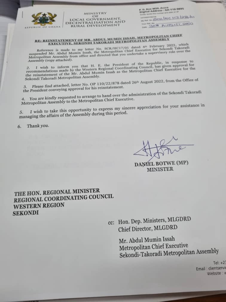 Akufo-Addo reinstates suspended Sekondi-Takoradi MCE Akufo-Addo reinstates suspended Sekondi-Takoradi MCE