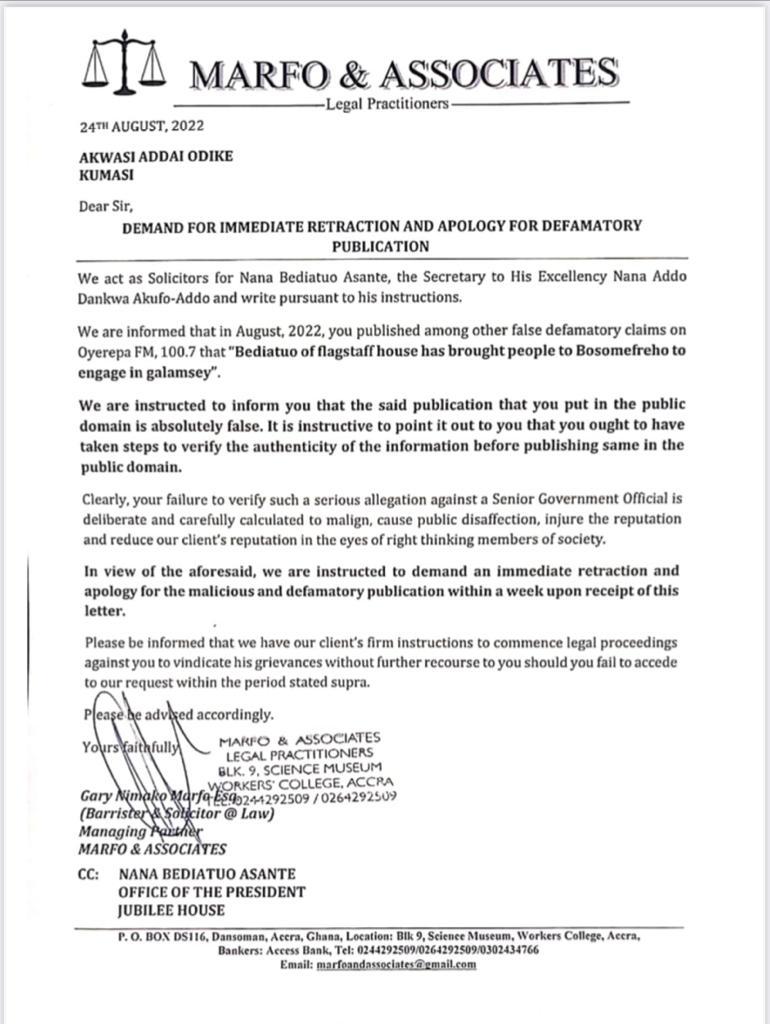 Retract, apologise for maliciously defaming me or I sue you – Bediatuo tells Odike Retract, apologise for maliciously defaming me or I sue you – Bediatuo tells Odike