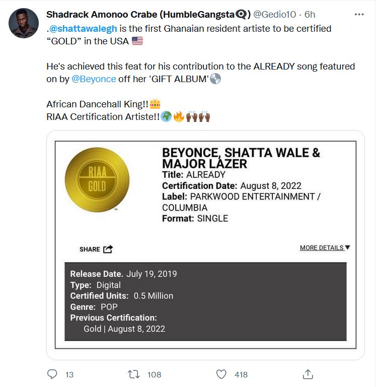 Fact check: Is Shatta Wale the 1st Ghanaian with RIAA certification?