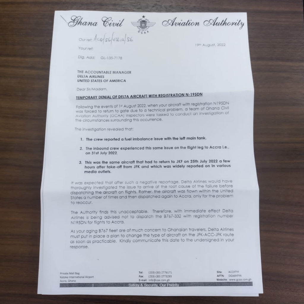 Do not use aircraft number N-195DN for flights to Accra – GCAA writes to Delta Airlines Do not use aircraft number N-195DN for flights to Accra – GCAA writes to Delta Airlines