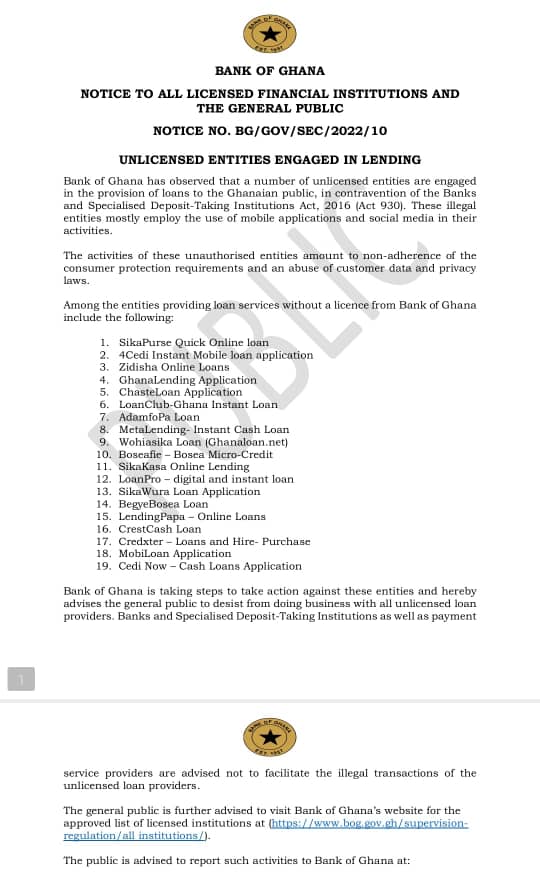 BoG cautions public against engaging services of 19 unlicensed loan providers BoG cautions public against engaging services of 19 unlicensed loan providers