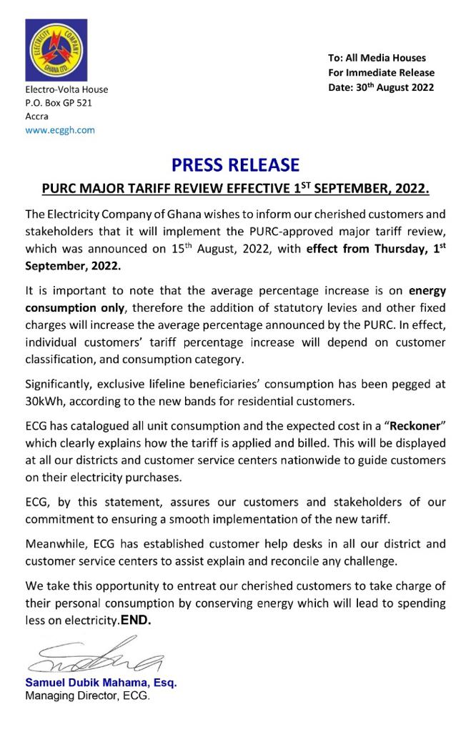 We are committed to ensuring smooth implementation of new tariff effective September 1 - ECG