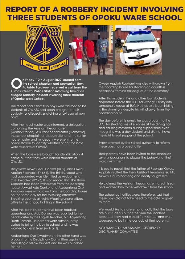Students arrested for alleged robbery from Opoku Ware School - Management confirms OWASS report www.myjoyonline.com