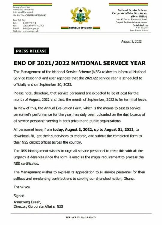 2021/22 service year to end on September 30 - NSS