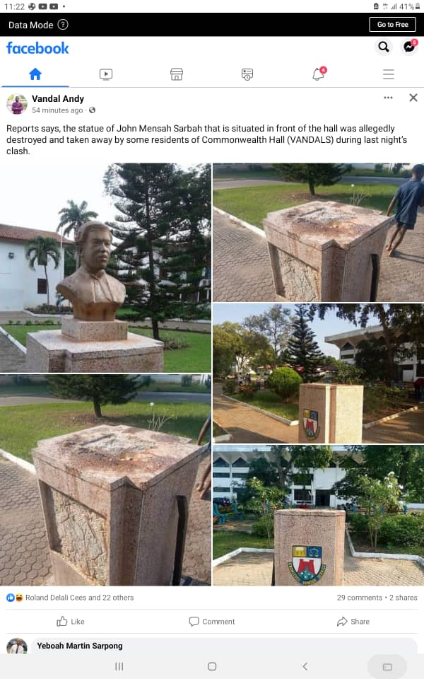 Vandals of UG take away bust of John Mensah Sarbah from the Vikings hall after riot Vandals of UG take away bust of John Mensah Sarbah from the Vikings hall after riot