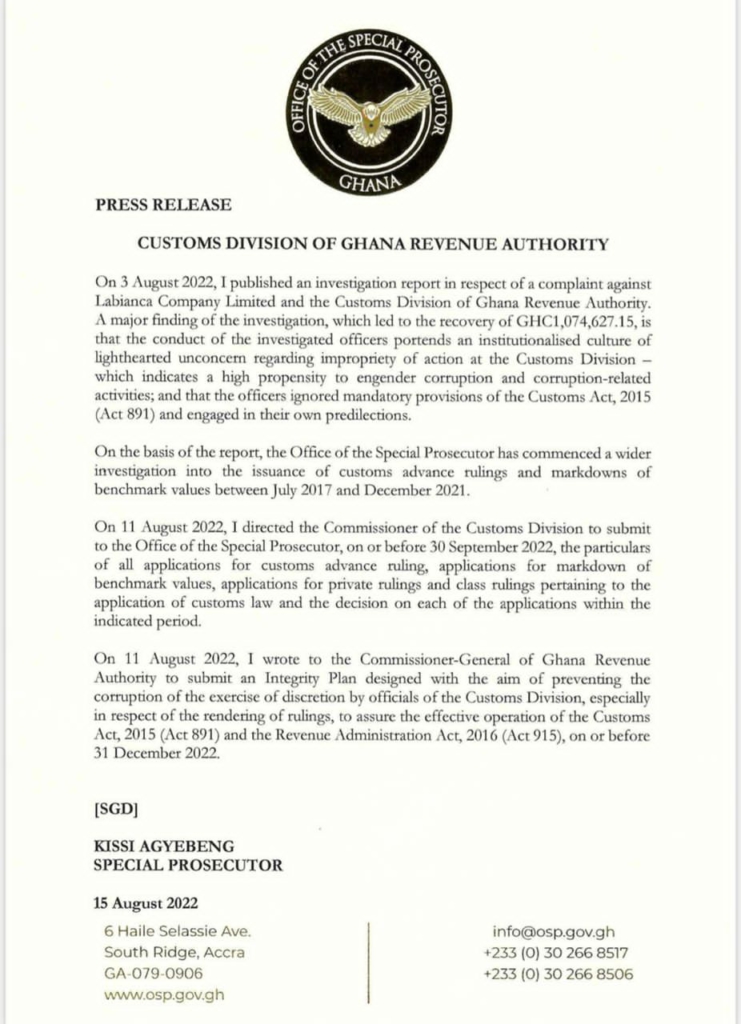 Special Prosecutor launches full investigation into issuance of customs rulings, benchmark values Special Prosecutor launches full investigation into issuance of customs rulings, benchmark values
