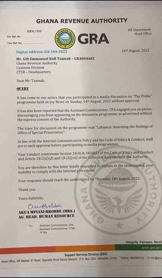 GRA queries Customs Staff Association Secretary for participating in JoyNews discussion 'without approval' GRA queries Customs Staff Association Secretary for participating in JoyNews discussion 'without approval'