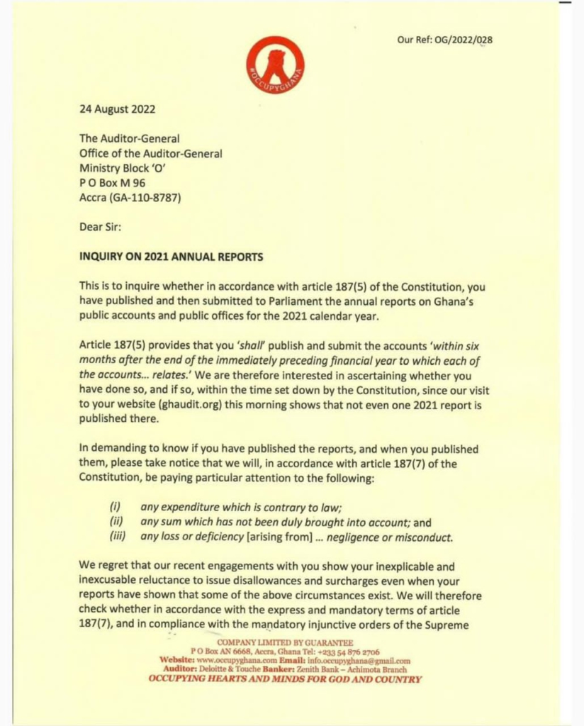 OccupyGhana requests 2021 Auditor General's report OccupyGhana requests 2021 Auditor General's report
