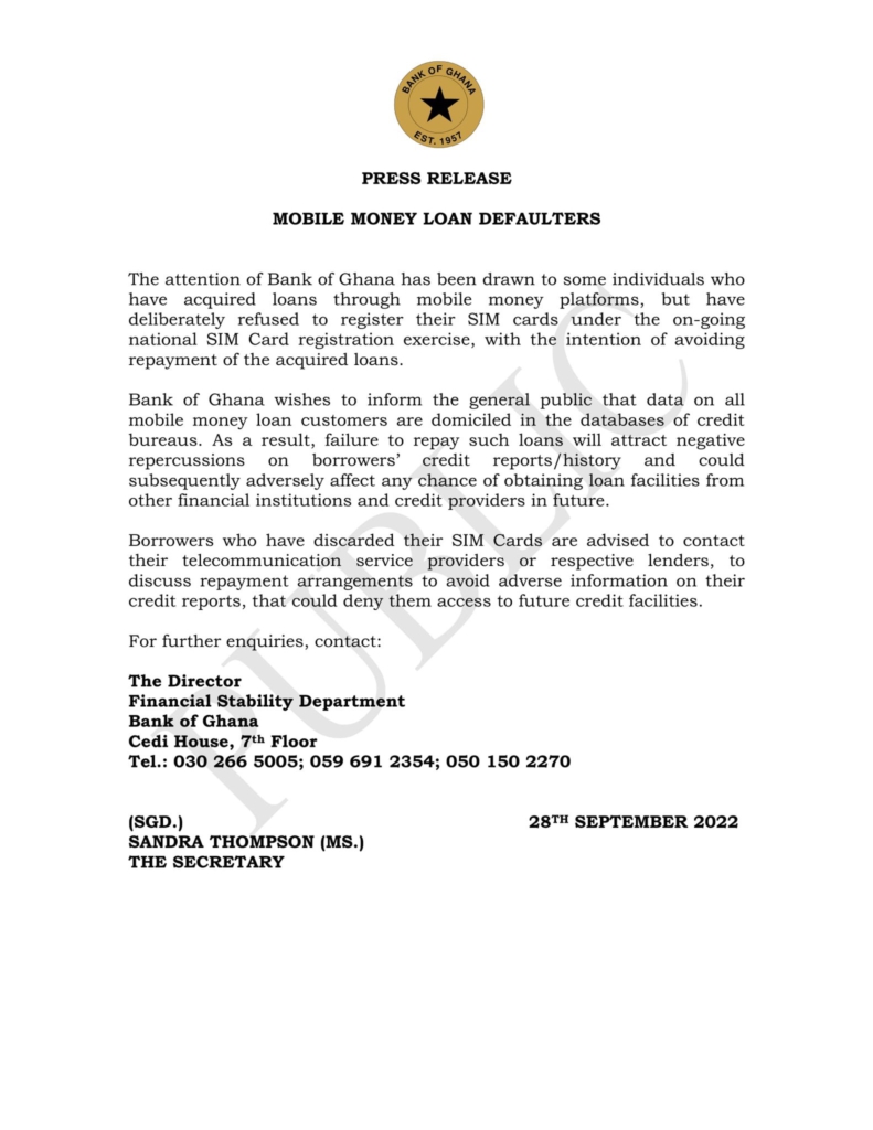 Failure to repay mobile money loans will affect your creditworthiness - BoG warns Failure to repay mobile money loans will affect your creditworthiness - BoG warns