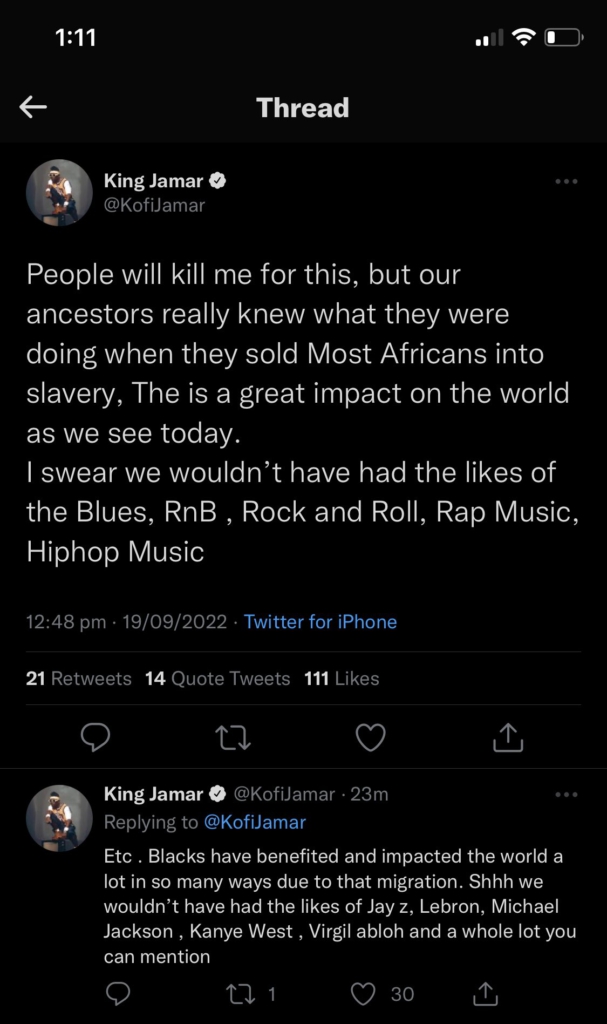 Kofi Jamar apologises for slave trade comment