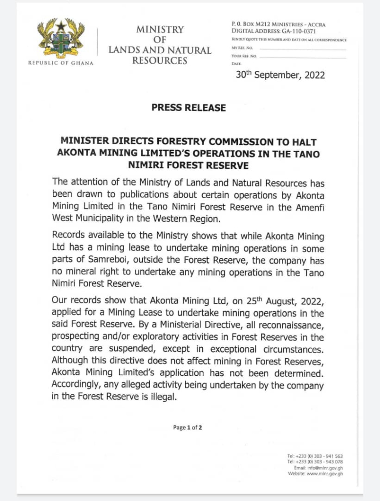 Halt operations in Tano Nimiri Forest Reserve - Lands Ministry tells Chairman 'Wontumi''s mining company Halt operations in Tano Nimiri Forest Reserve - Lands Ministry tells Chairman 'Wontumi''s mining company
