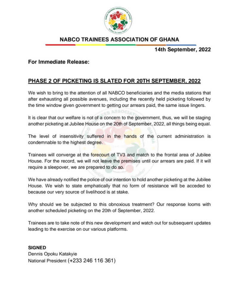 NABCO beneficiaries to picket at Jubilee House on September 20 over unpaid allowances NABCO beneficiaries to picket at Jubilee House on September 20 over unpaid allowances