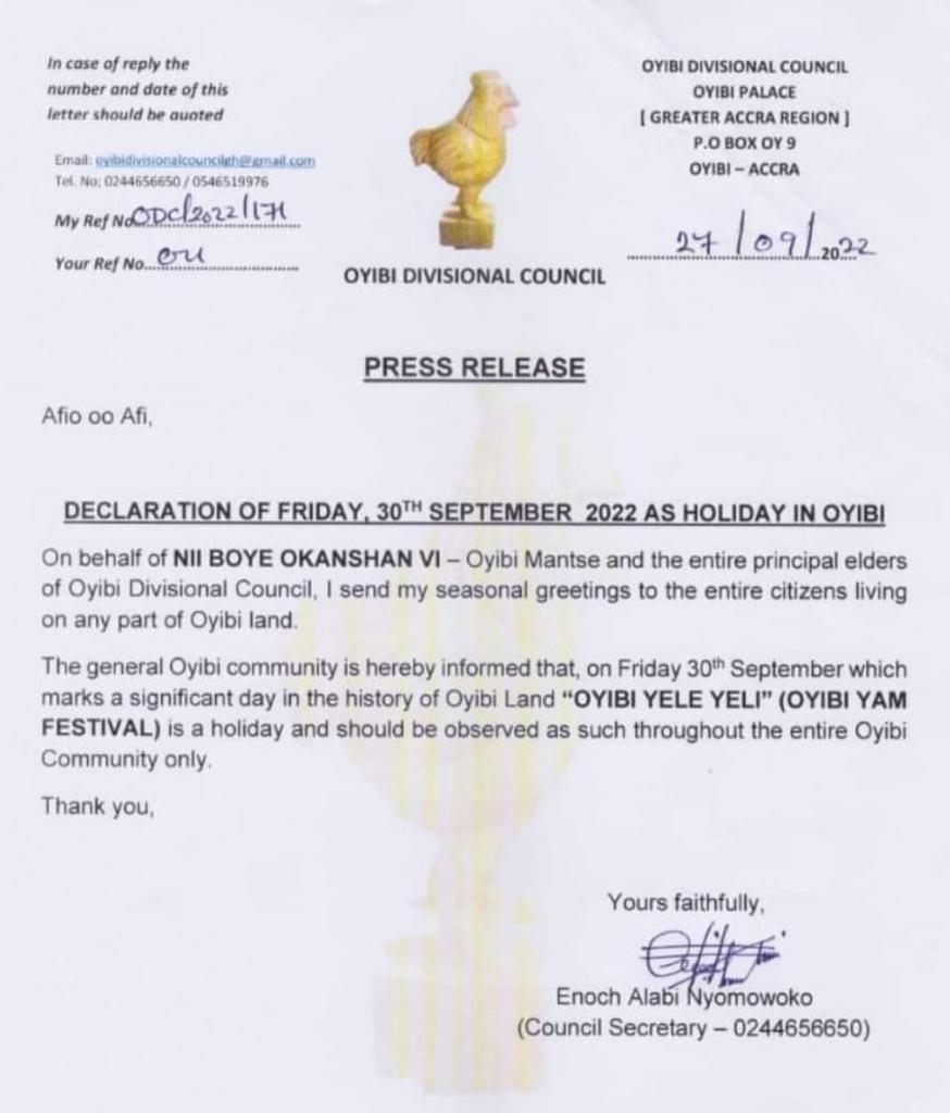 Disregard statement declaring Friday, Sept 30 as a holiday - Oyibi Divisional Council