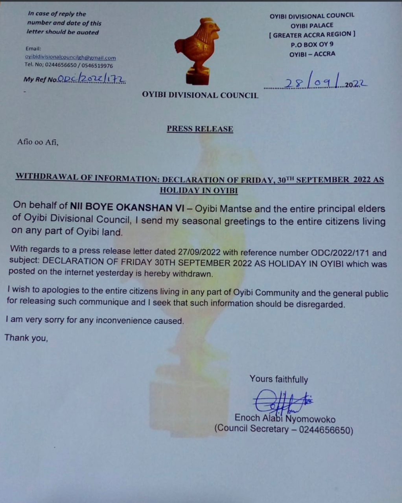 Disregard statement declaring Friday, Sept 30 as a holiday - Oyibi Divisional Council