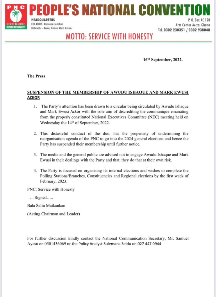 PNC suspends Awudu Ishaque, Mark Ackor over ‘distasteful conducts’