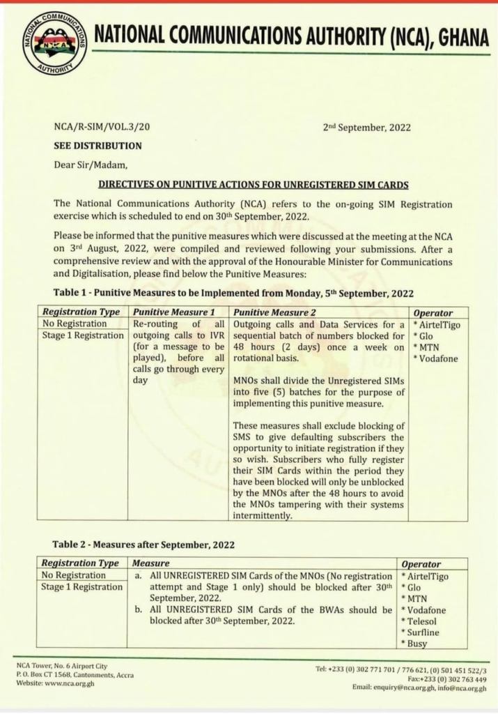 NCA rolls out punitive actions against unregistered SIM card users from September 5