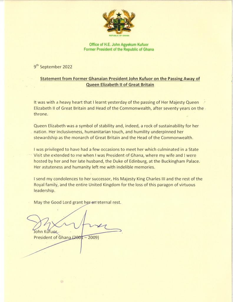 Kufuor commiserates with the British Royal Family after Queen Elizabeth II's death