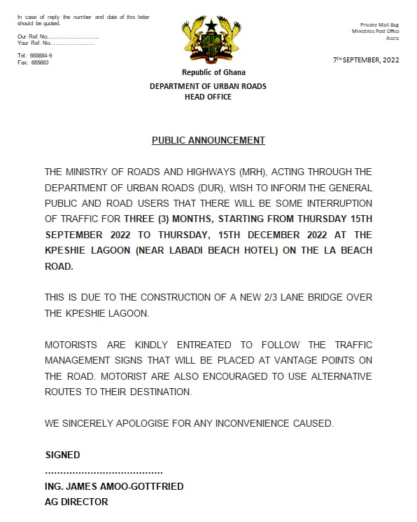 La-Teshie beach road to be closed for bridge construction effective Sept. 15 La-Teshie beach road to be closed for bridge construction effective Sept. 15