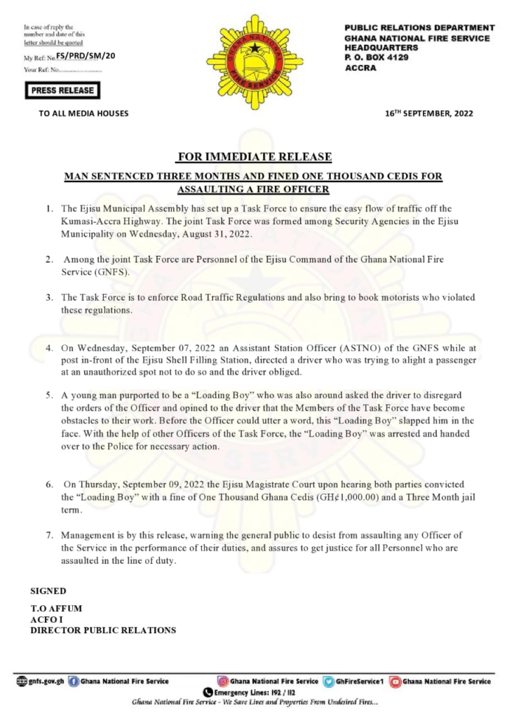 Man jailed three months and fined GHC10k for assaulting Fire Officer Man jailed three months and fined GHC10k for assaulting Fire Officer