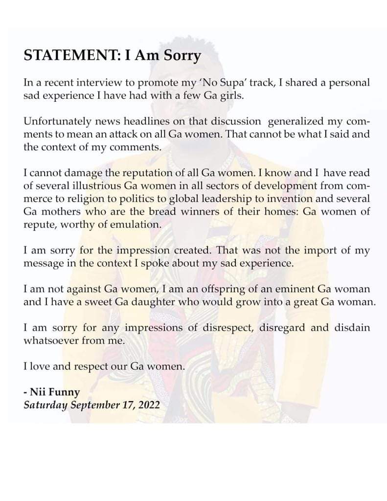 Musician Nii Funny apologises for comment on experience with Ga women