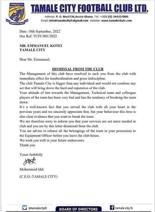 Tamale City sack right-back Emmanuel Kotei for misconduct