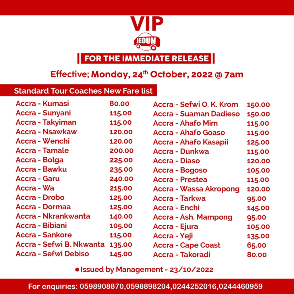 VIP Jeoun increases fares for trips across Ghana