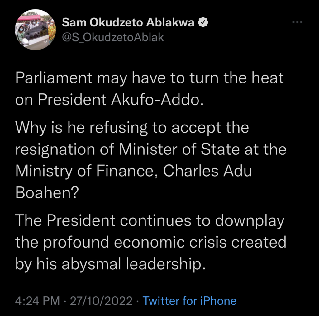 Akufo-Addo is refusing to accept Charles Adu Boahen’s resignation - Ablakwa alleges