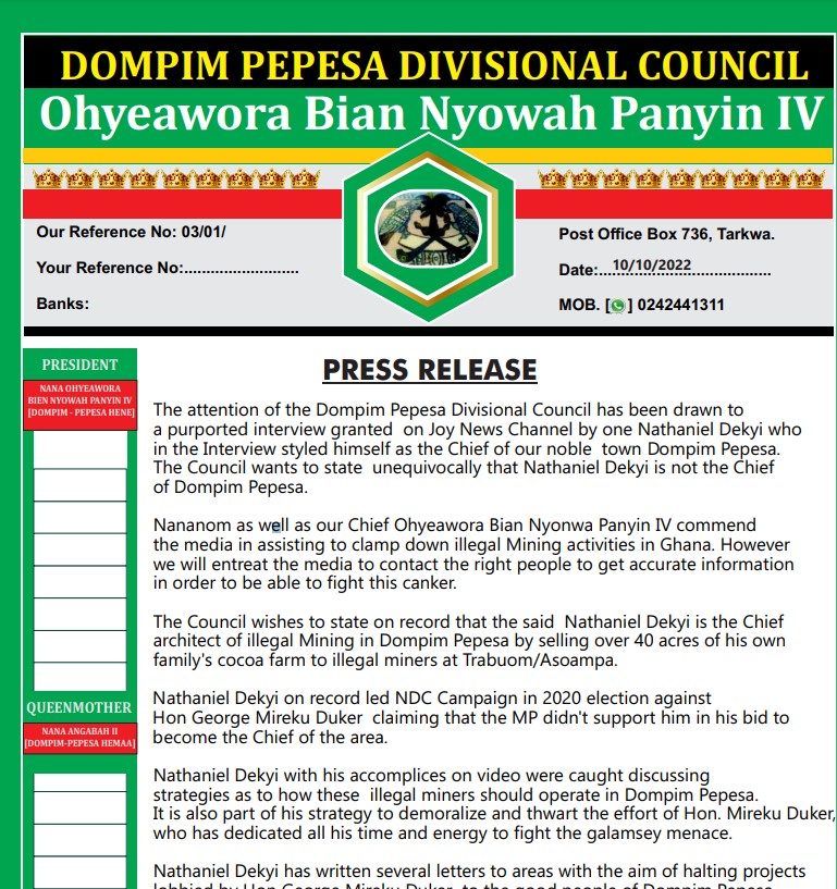 Nathaniel Dekyi alias ‘Nana Nyowah Panyin IV’ is not a Chief - Dompim Pepesa Divisional Council