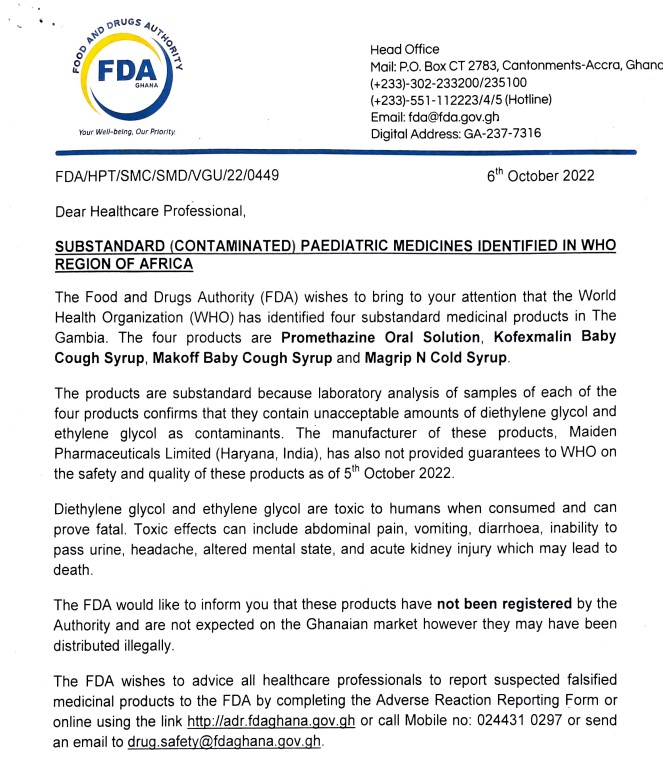 FDA concurs with WHO's caution against four substandard paediatric medicines found in The Gambia