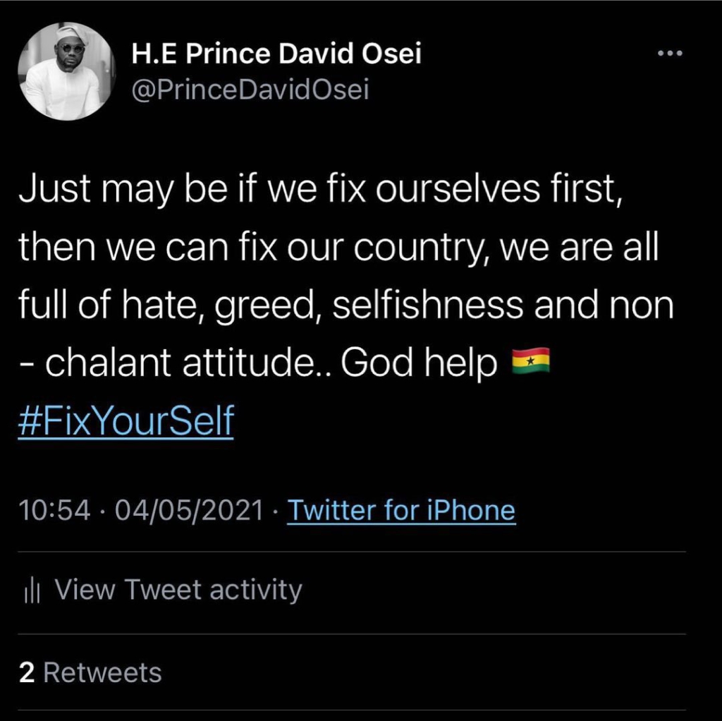 Prince David Osei catches heat on Twitter after dramatic U-turn
