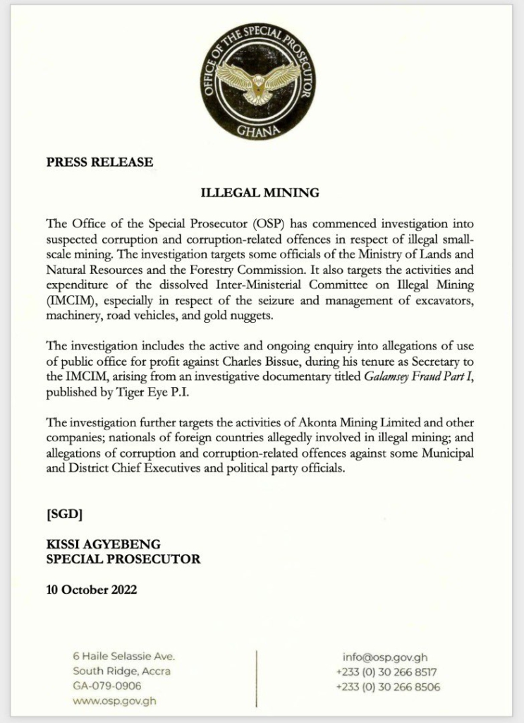 Special Prosecutor investigates Charles Bissue, Akonta Mining and public officials over galamsey Special Prosecutor investigates Charles Bissue, Akonta Mining and public officials over galamsey