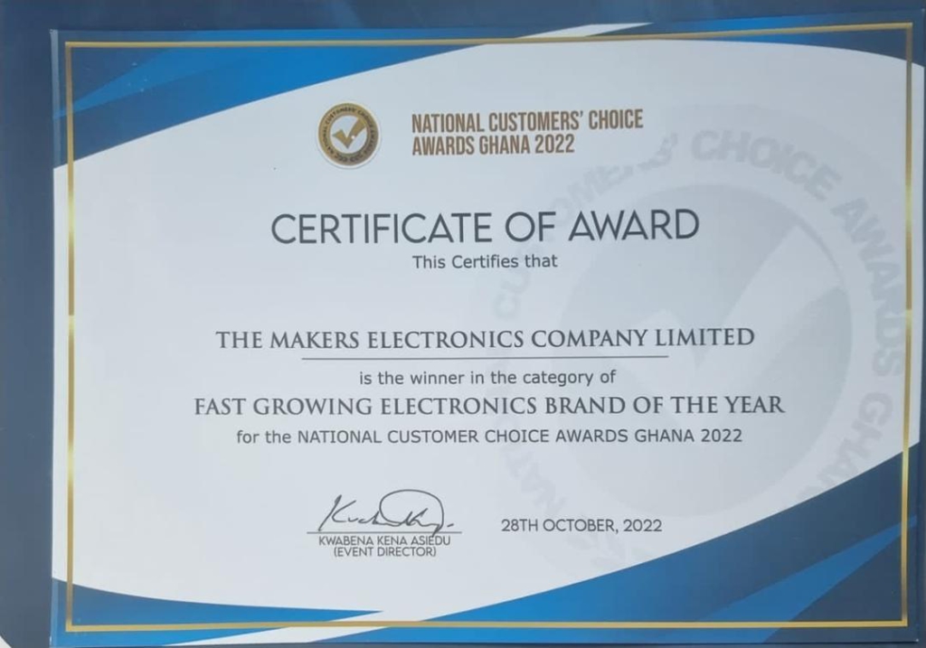 The Makers Electronics wins ‘Fast Growing Electronics Brand’ at 2022 National Customers’ Choice Awards Ghana