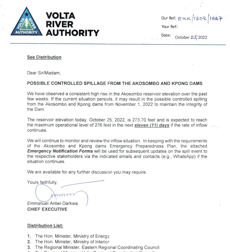 VRA warns of possible spillage from Akosombo, Kpong Dams