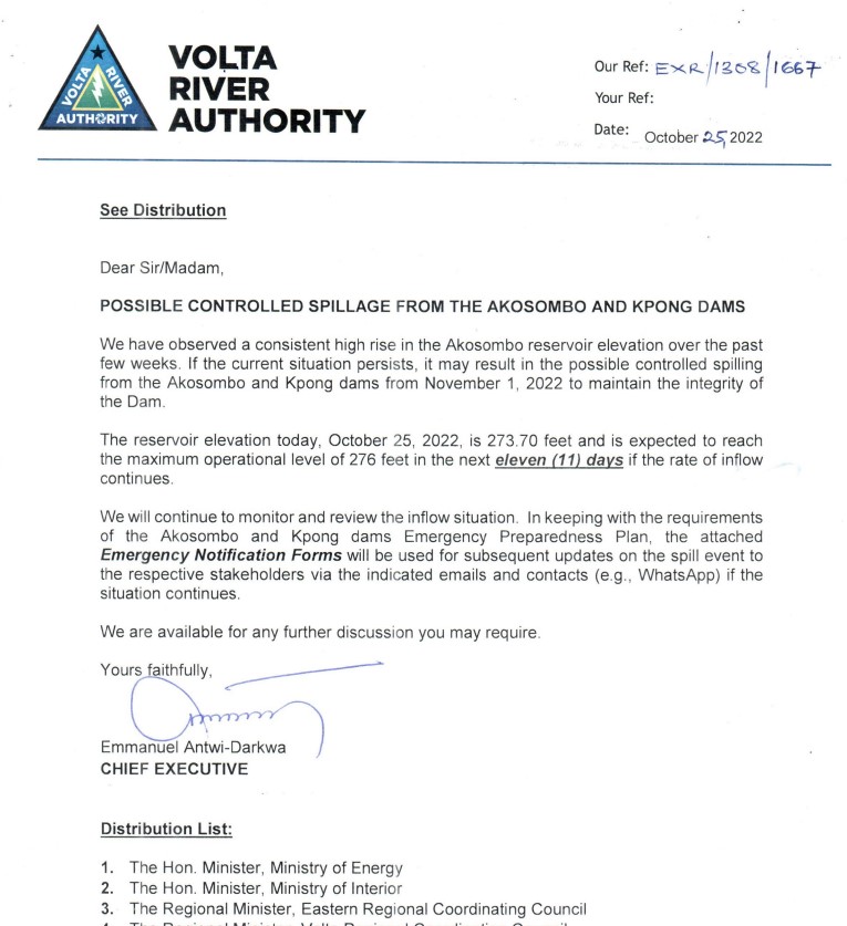 VRA warns of possible spillage from Akosombo, Kpong Dams VRA warns of possible spillage from Akosombo, Kpong Dams