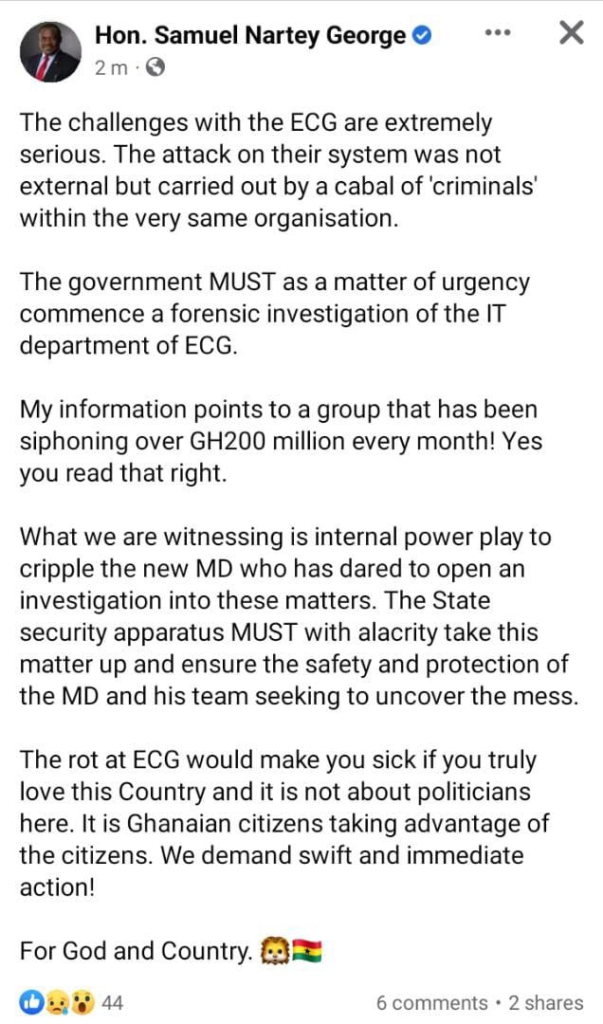ECG system challenges an internal attack, initiate investigations - Sam George to government ECG system challenges an internal attack, initiate investigations - Sam George to government
