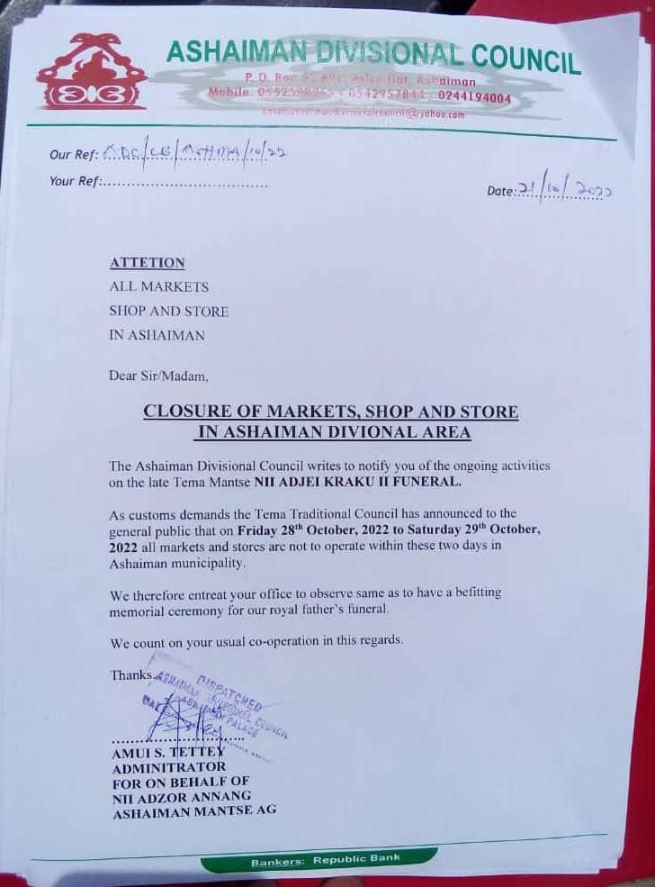 Ashaiman markets, shops to close for two days for funeral of late Tema Mantse Ashaiman markets, shops to close for two days for funeral of late Tema Mantse