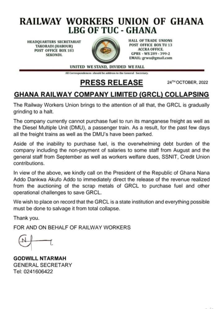 Railway nears collapse over 'no fuel', non-payment of salaries, SSNIT contributions Railway nears collapse over 'no fuel', non-payment of salaries, SSNIT contributions