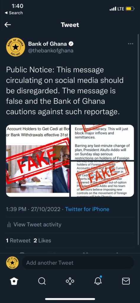 It's fake, disregard reports that we intend restricting Foreign Exchange Account holders - BoG It's fake, disregard reports that we intend restricting Foreign Exchange Account holders - BoG