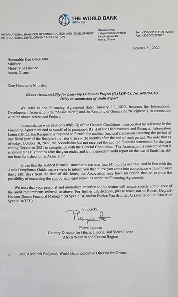 There is no outstanding obligation in respect of 2021 audit report on GALOP – GES replies World Bank There is no outstanding obligation in respect of 2021 audit report on GALOP – GES replies World Bank