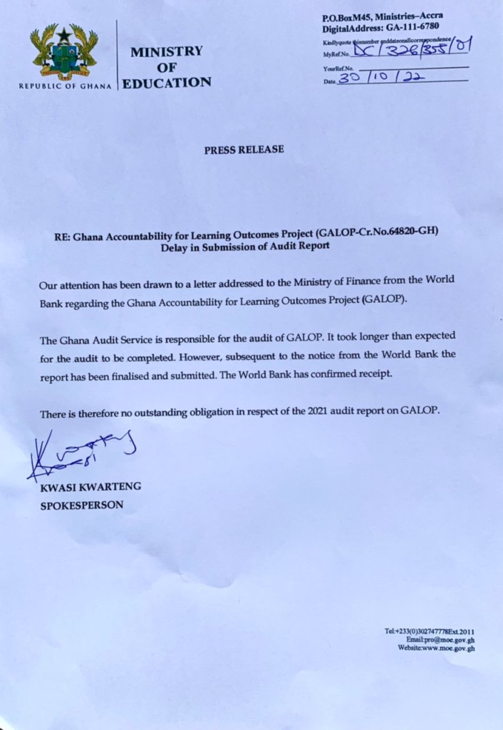 There is no outstanding obligation in respect of 2021 audit report on GALOP – GES replies World Bank There is no outstanding obligation in respect of 2021 audit report on GALOP – GES replies World Bank