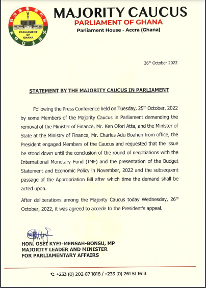 NPP MPs accede to Akufo-Addo's appeal to let Ofori-Atta stay till after IMF negotiations NPP MPs accede to Akufo-Addo's appeal to let Ofori-Atta stay till after IMF negotiations