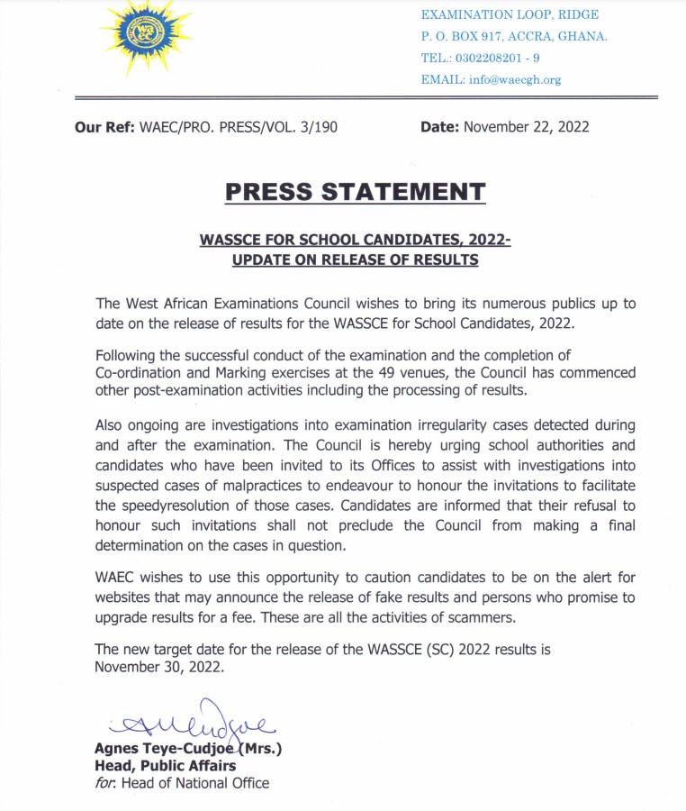2022 WASSCE results to be released on Nov. 30 – WAEC 2022 WASSCE results to be released on Nov. 30 – WAEC
