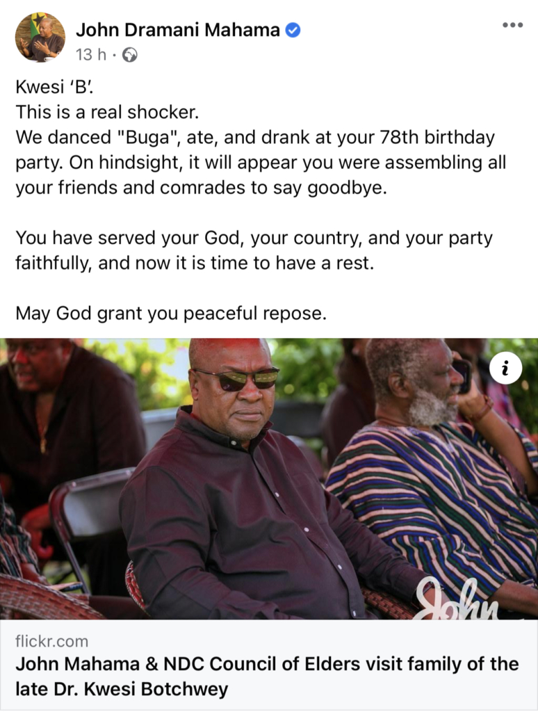 We danced ‘Buga’ at your 78 birthday party – Mahama mourns Kwesi Botchwey